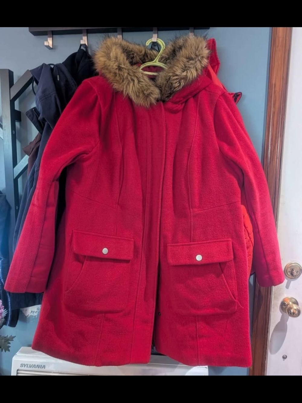 Torrid Red Hooded Wool-Blend Coat with Faux Fur Trim. Sz. 0